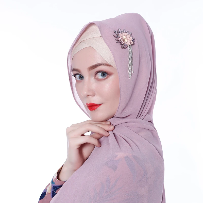 Chiffon Handmade Rhinestone Headscarf Arab Tassel Long Scarf Muslim Hijab