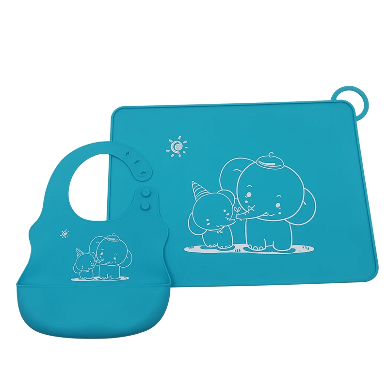 Combination of high quality waterproof silicon baby bib and silicone meal mat Cute combination with elephant print
