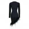 F2192 New bandage dress Black White Long Sleeve Mesh insert Feather Party Dress
