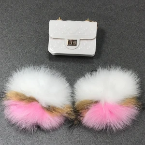 Factory Wholesale Fashion Real Fluffy Fox Fur Baby Slippers Jelly Bag Set Raccoon Fur Purses Handbags Kids Fur Slipperss Sets