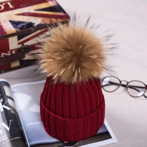 Fashionable winter warm real raccoon plush fur ball pom pom unisex knitted hat