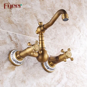 Fyeer Wall Mounted Antique Kitchen Faucet with Double Cross Handle