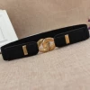 Gold Alloy Buckle Elastic Belts for Women Black PU Leather Waist Belt for Dress