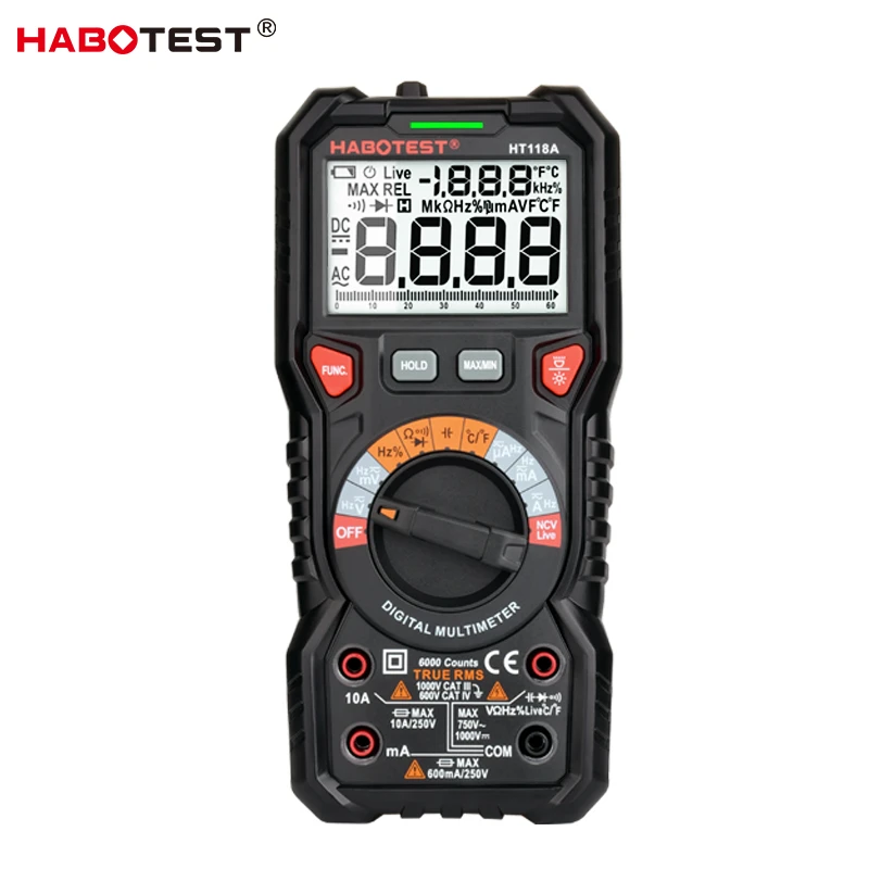 HABOTEST HT118A Digital Multimeter Auto Ranging AC DC Ammeter Voltmeter 6000 Counts NCV Live Check TRMS Hz Ohm  Capacitor Tester
