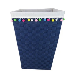 Handmade Woven Nylon Band Square Open laundry hamper toy storage Baskets with moveable pop-ball trim fabric liner