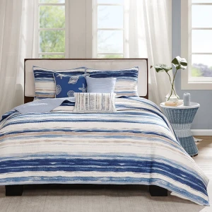Home Blue Coastal Stripe 100% Polyester Sea Life Quilted Coverlet Set Bedspread King Size