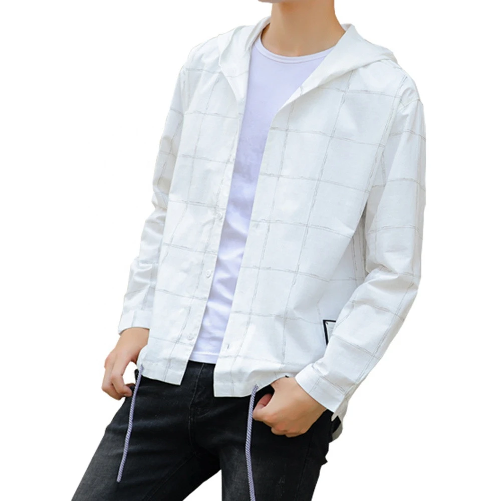 Hot sale fashion new custom design private label shirt white black grid long sleeve shirt with hood
