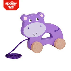 Kids Pull Along Hippo Toy Rocking Wooden Pull String Pull Toy
