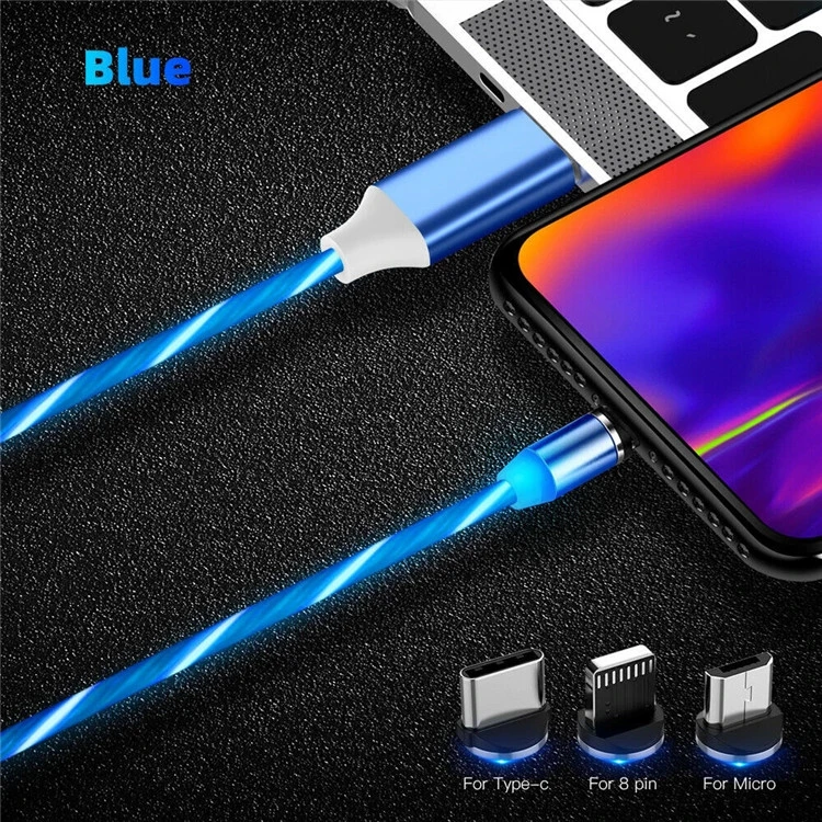 LED USB Cable Flowing Streamer Magnetic Charging Cable 2.4A Micro USB Type C 8 Pin 3 in One Charging Cable