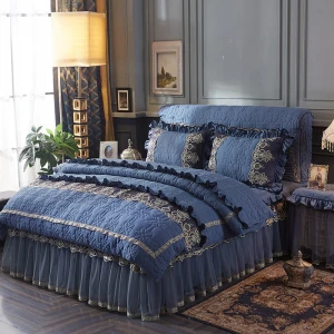 Luxurious quilted bed cover bedding set, lace patchwork bed skirt, four-piece quilted comfortable yarn-dyed sheets