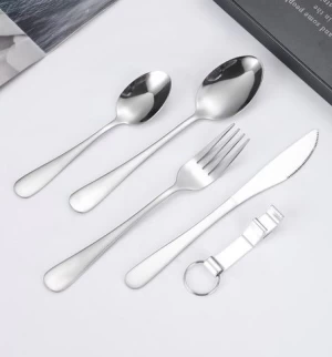 Luxury fancy 1010 stainless steel 410 silverware dinner knife spoon fork bottle opener set cutlery set with pouch wholesale