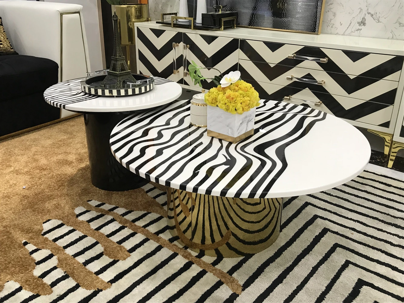 Luxury Home Coffee Shop Furniture Zebra Stripes Steel Coffee Table Designs Multifunction