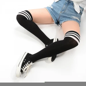 MEIKAN Fashion Breathable 32S Siro Combed Cotton Striped Black White Cosplay Women Thigh High Knee Socks