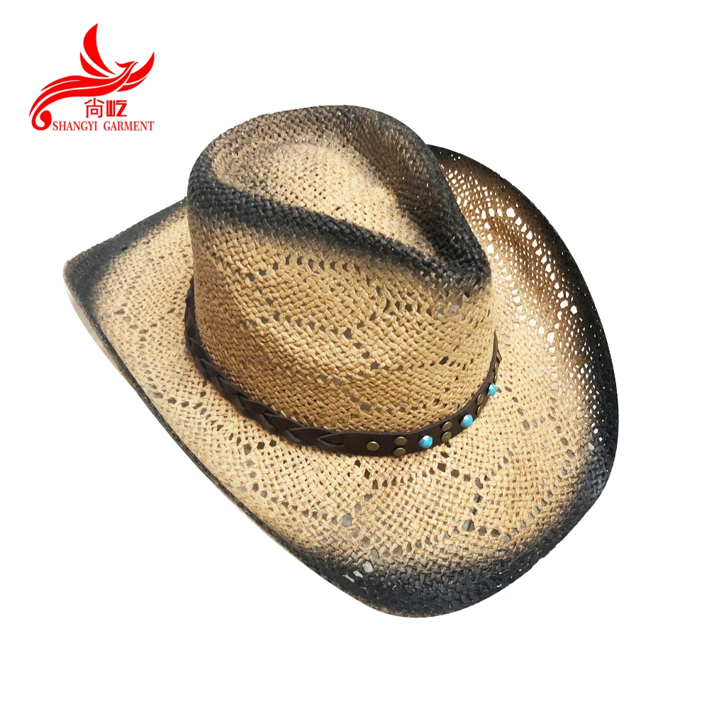 Mens rhinestone leather band decorative 100 paper straw american cowboy hat