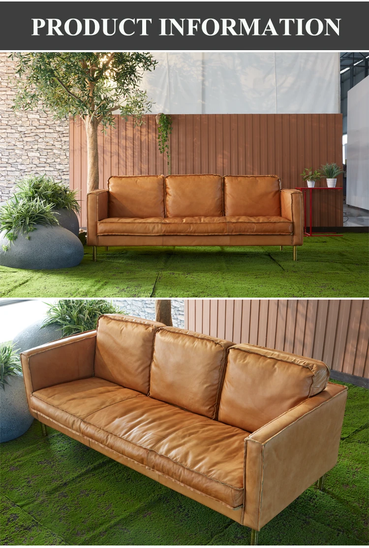Mid century modern style genuine leather sofa 3 seats living room sofa set