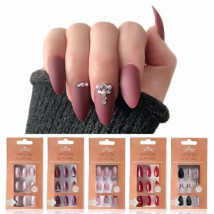 Missbloom New Self Adhesive Fake Press On Nails With Rhinestones Luxury Matte Red Best Short Fake Nails