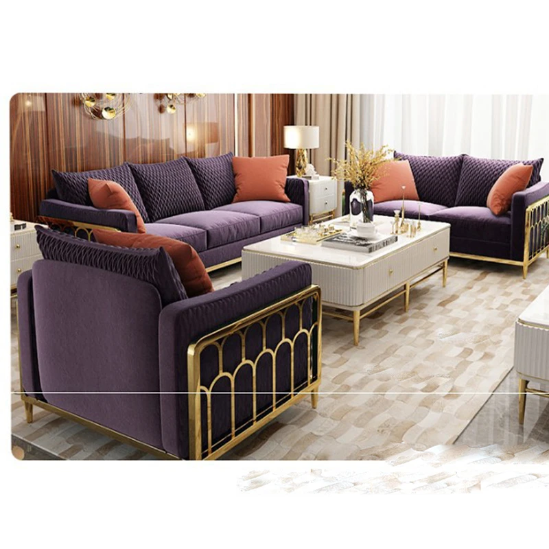 Modern Rose Gold Stainless Steel Luxury Sofa Sets Living Room Furniture Fabric Sofa