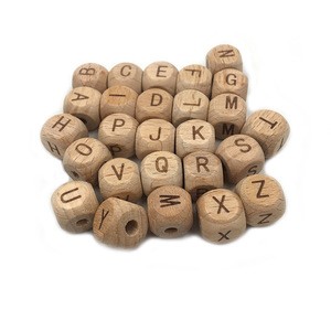 Natural 12mm Organic Beech Wooden Cube Alphabet Letter Beads for Wooden Beads Teether Making WBT002