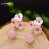 Natural Pink Round Crystal Drop Earrings Women Shell Flower Fresh Water Pearl Dangle Earrings 925s Jewelry