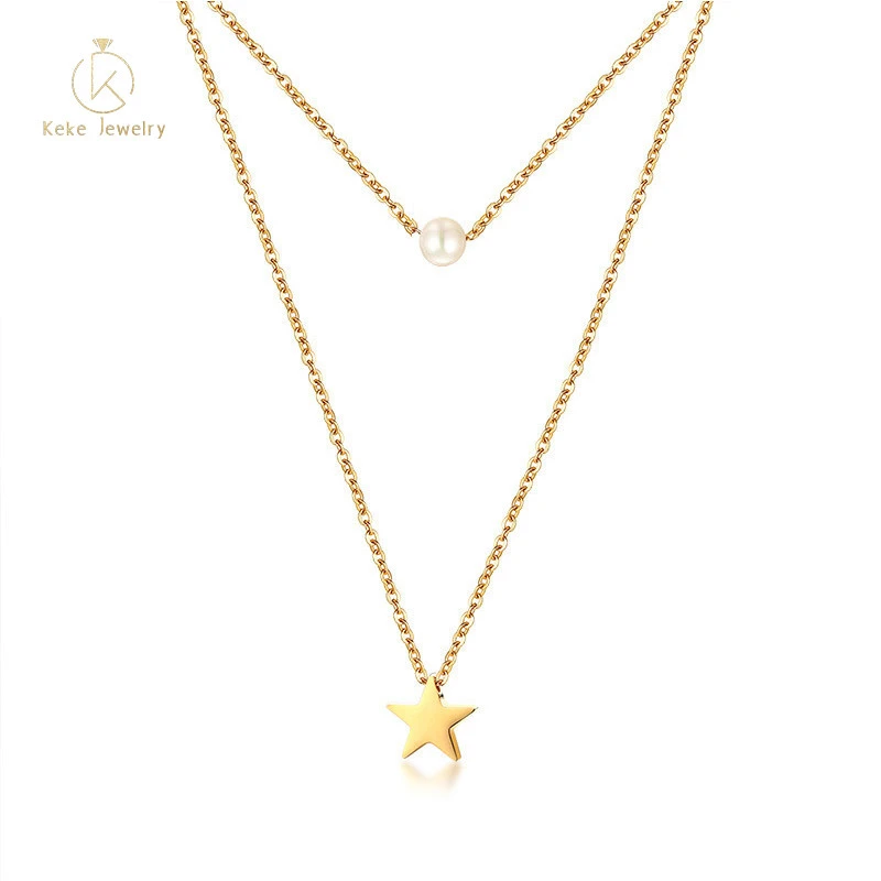 NC-426 Wholesale temperament 40.5+4CM stainless steel simple star + imitation pearl double layer gold ladies necklace