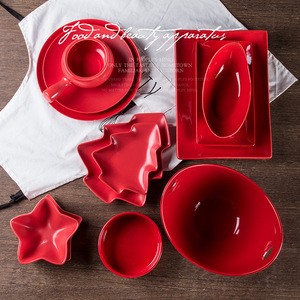 New arrival high quality porcelain plates and dishes for restaurant ceramic red glazed  flatware set