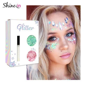 New Design Makeup Glitter Powder Nail Chunky Glitter Pink Cosmetic Body Glitter with Body Primer Glue in Gift Box for Girl