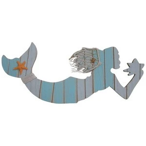 new products Decorative Mermaid Wall Art with Fish Net Hair Nautical Decor Painted Wood Plaque for Home Shore