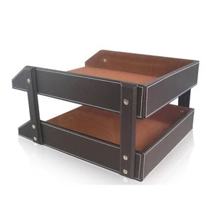 Office stationery desk organizer leather 2 layer file tray