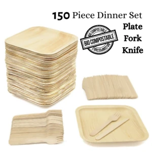 Palm Leaf Square 8 Inch (20 cm) Dinner Plate &amp; Cutlery -  Pack of 50 plates, 50 Forks &amp; 50 Knives - 150 pc Dinner set