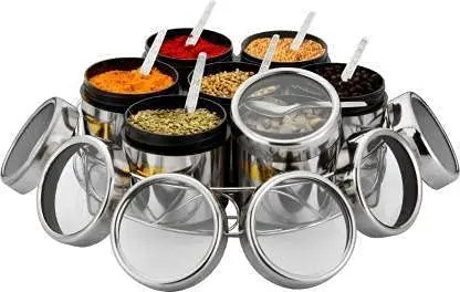 Premium Stainless Steel Spices Container For Kitchen | Storage Container Each 190ml (7 Container, 7 Spoon & Stand)