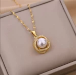 QIFEI Exquisite Fashion Crystal Rhinestone Pearl Necklace Pendant 316L Stainless Steel Necklace for Women