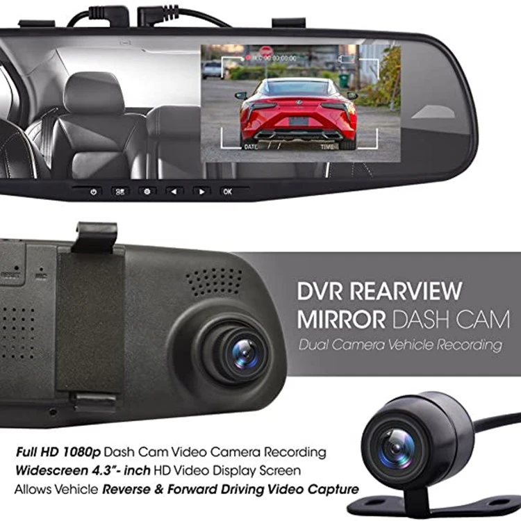 Rearview Mirror CAR DVR 4.3inch DVR Monitor Rear View Dual Camera Video Recording System in Full HD 1080p Built in G-Sensor
