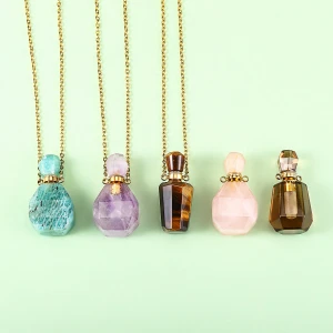 Rose quartz raw crystal stone necklace diffuser jewelry pink roller bottles perfume oil