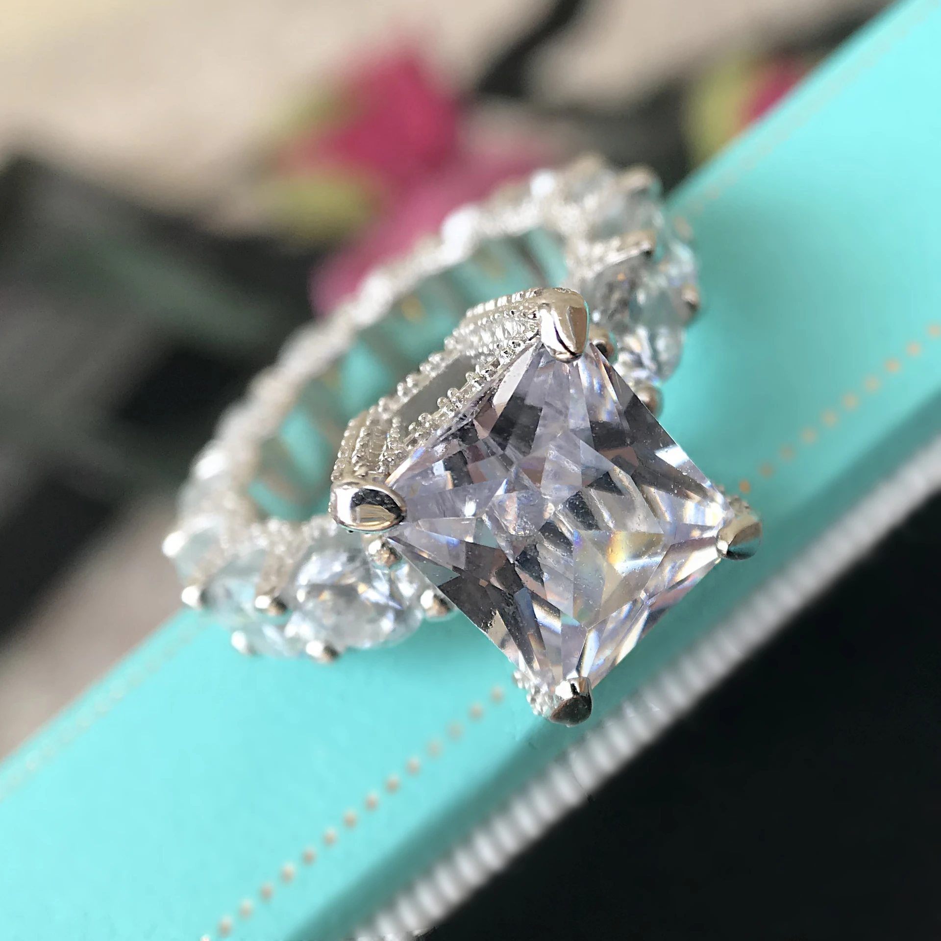 S925 Sterling Silver Platinum H Rectangular Pagoda 5 Carat Diamond  Ring Wedding Ring Proposal Ring