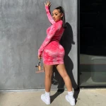 Summer Colorful Tie-Dye Full Sleeve Bodycon Midi Dresses Womens Trendy Blue High Quality Dress Ladies Basic Street Stretch Dress