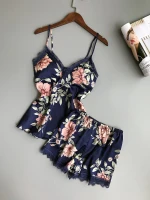 summer piyama wanita pijamas de seda floral print satin pyjama  sleep wear strap two piece pajama set womens lace sleepwear