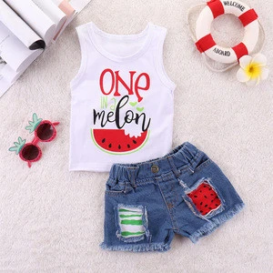 Toddler Girl Summer Cotton White Letters Tank Top and Distressed Jean Shorts Kids Outfit Set Summer Baby Clothing Set