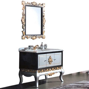 Vintage Ornate Baroque Reproduction Italian Style Solid Wood Bathroom Cabinet with Brown Marble Countertop BF12-06144b