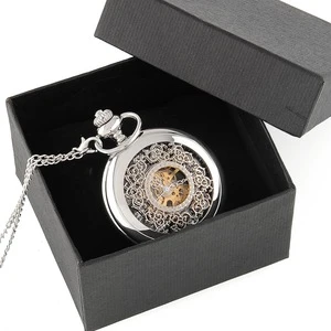 Vintage Silver Engraved Case Men Mechanical Pocket Watch With Chain Box Hand-Winding Best Gift Pendant Necklace