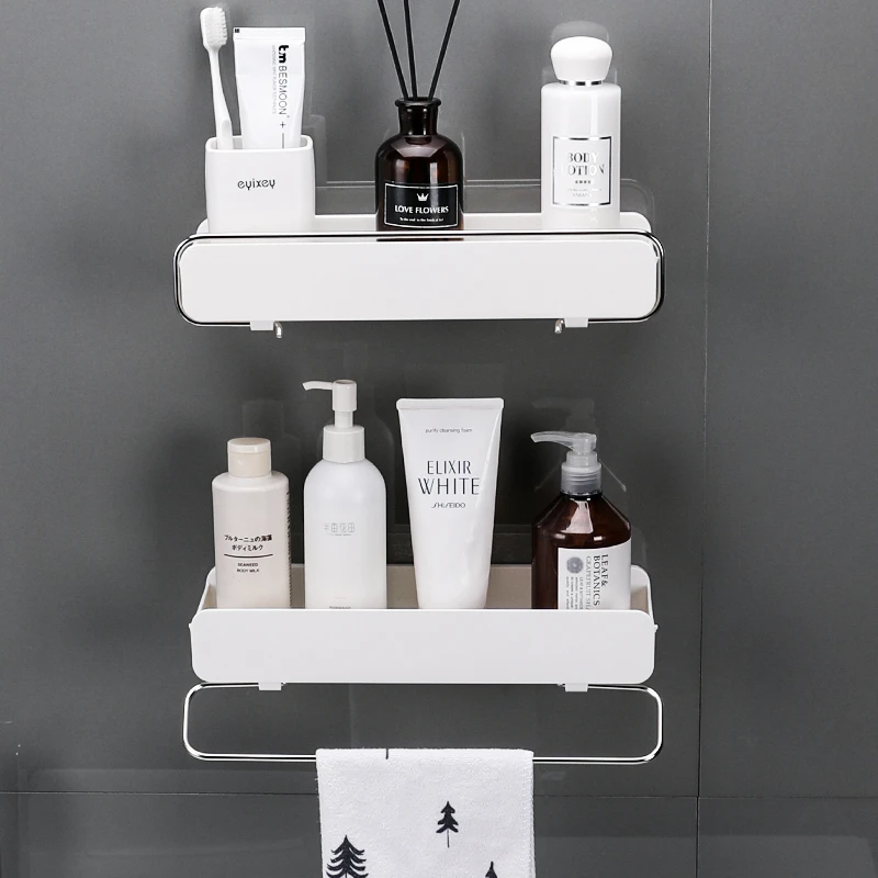 Wall mounted plastic bathroom rack storage shelves with foldable towel holder adhesive hanging basket spice rack
