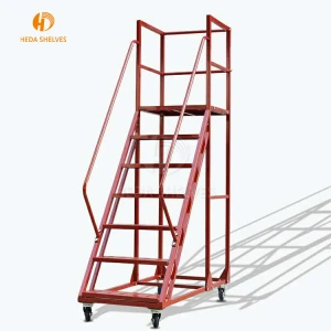 Warehouse Steel Safety Mobile Rolling Work Platform Ladder with Handrails