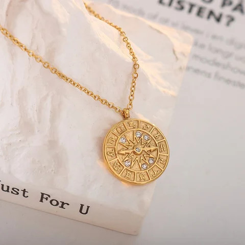 Wholesale 18K Gold Plated Jewelry Stainless Steel Zircon Zodiac Pointer Coin Pendant Necklace for Beautiful Girls