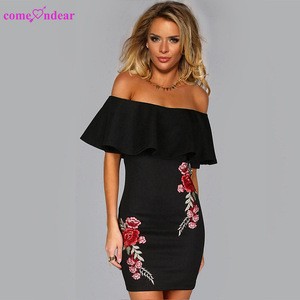 Wholesale In Stock Black Off Shoulder Floral Embroidery Women Dress
