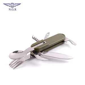 Wholesale multifunction survival tool with compass LED light bottle opener knife and dinner utensils for outdoor camping hiking