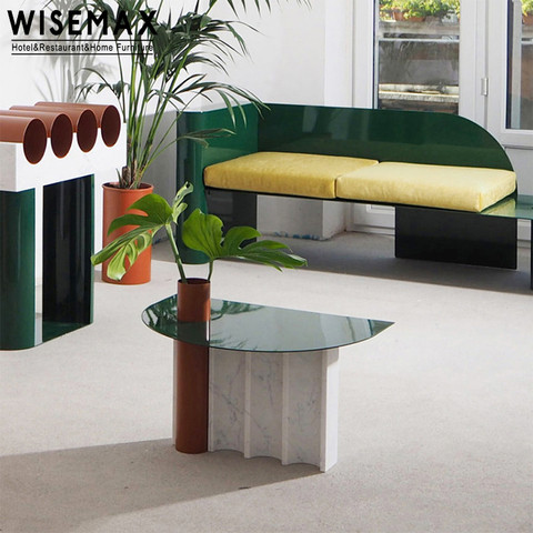 WISEMAX FURNITURE luxury glass top smart bed side table modern living room sofas end table white marble c shaped coffee table