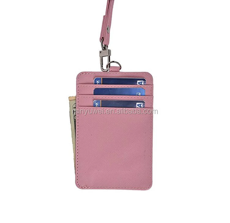 Women Credit Card Holder Id Card Case Slim Mens Leather Wallet Neck Wallet Purse with Lanyard
