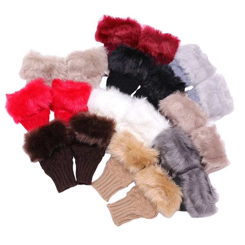 women Knitted Faux Rabbit Fur Mittens Knit Arm Fingerless gloves Winter Knitted Warmer Glove