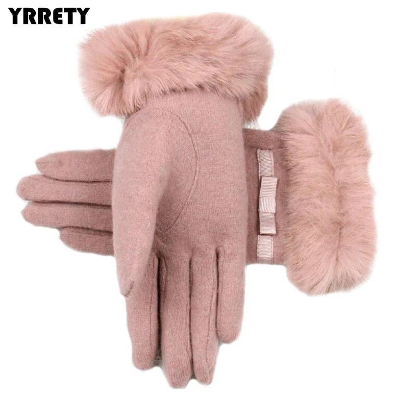 YRRETY Solid Color Winter Elegant Cashmere Warm Mittens Female Bowknot Genuine Rabbit Fur Soft Woolen Ladies Wrist Gloves