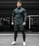 Custom Men's 3 Piece Compression Gym Set Quarter Zip T Shirt Shorts Leggings Fitness Sportswear OEM ODM