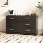 Lighted Black 6 Drawer Dresser Chest Large Storage Unit with Gold Handles for Bedroom Hotel Use